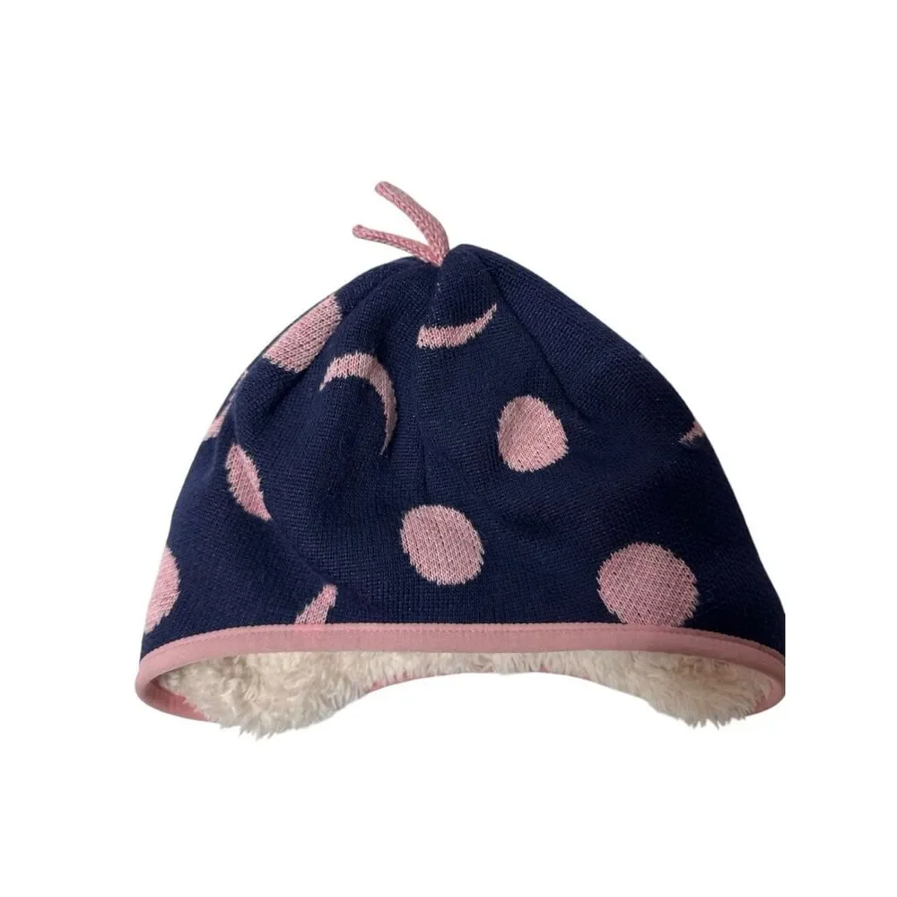 Patagonia Navy + Pink Moon & Polka Dot Reversible Beanie Hat. Size 12 Months.
